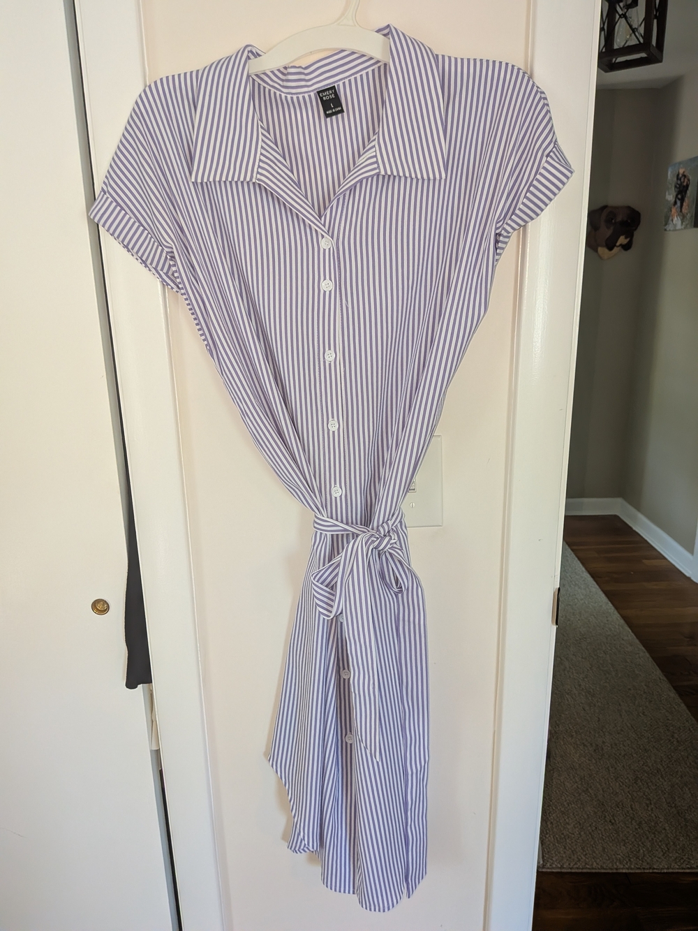 H&M Lavender Stripe Tie-Waist Midi Shirt Dress